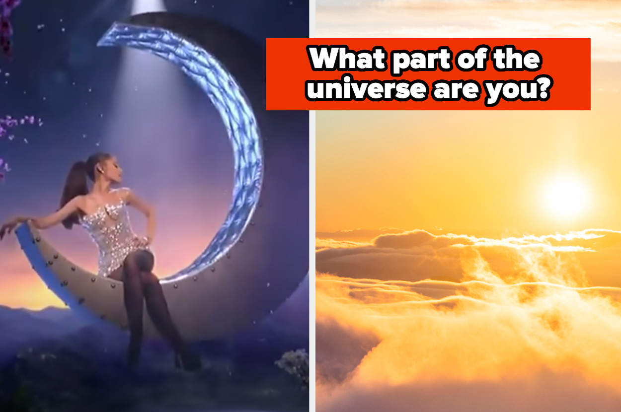 Ariana Grande in a sparkling dress sitting on a moon prop; alongside, a sun rising above clouds with text "What part of the universe are you?"