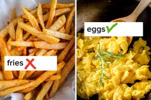 A split image with seasoned fries on the left and scrambled eggs garnished with herbs on the right