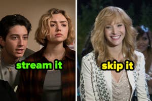 Two TV show stills; left with a concerned young man and woman, right with a smiling woman, with "stream it" and "skip it" overlaid