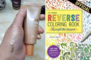 Hand holding L'Oreal Infallible foundation tube with product swatched on thumb; book titled "The Original REVERSE COLORING BOOK" visible