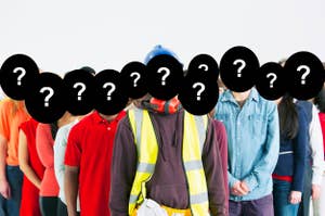 Group of diverse workers with question marks over their faces, illustrating job uncertainty