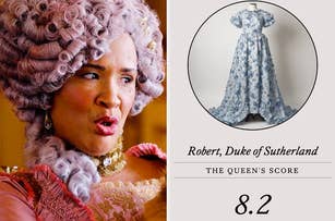 A woman in period costume with a powdered wig; next to a score card with 8.2 for 'Robert, Duke of Sutherland.'