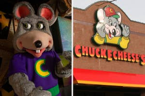 Mascot Chuck E. Cheese in costume beside the restaurant's outdoor sign
