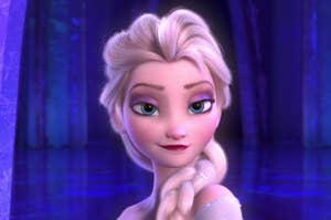 Elsa from Frozen with a braided hairstyle and a smile