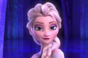 Elsa from Frozen with a braided hairstyle and a smile