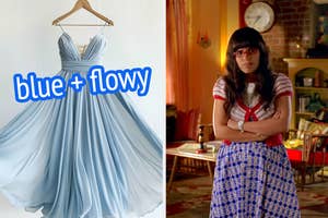 On the left, a dress on a hanger labeled blue and flowy, and on the right, America Ferrera standing in a bright and eclectic living room as Betty on Ugly Betty