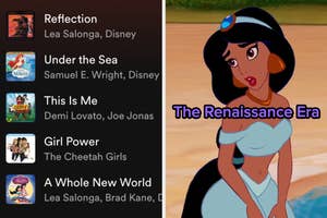 On the left, a Disney Spotify playlist, and on the right, Jasmine from Aladdin labeled the Renaissance Era