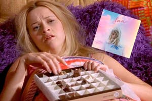 Elle Woods eating chocolate in bed and "Lover" Taylor Swift album.