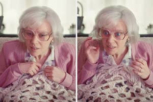 Kate McKinnon dressed as an older woman in an SNL sketch with glasses and a sweater, with exaggerated facial expressions