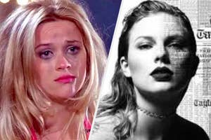 Image of a distressed Reese Witherspoon crying as Elle Woods" and a serious Taylor Swift with newspaper overlay on face from "reputation" album cover.