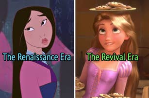 On the left, Mulan singing Reflection labeled the Renaissance Era, and on the right, Rapunzel from Tangled balancing plates of cookies labeled the Revival Era