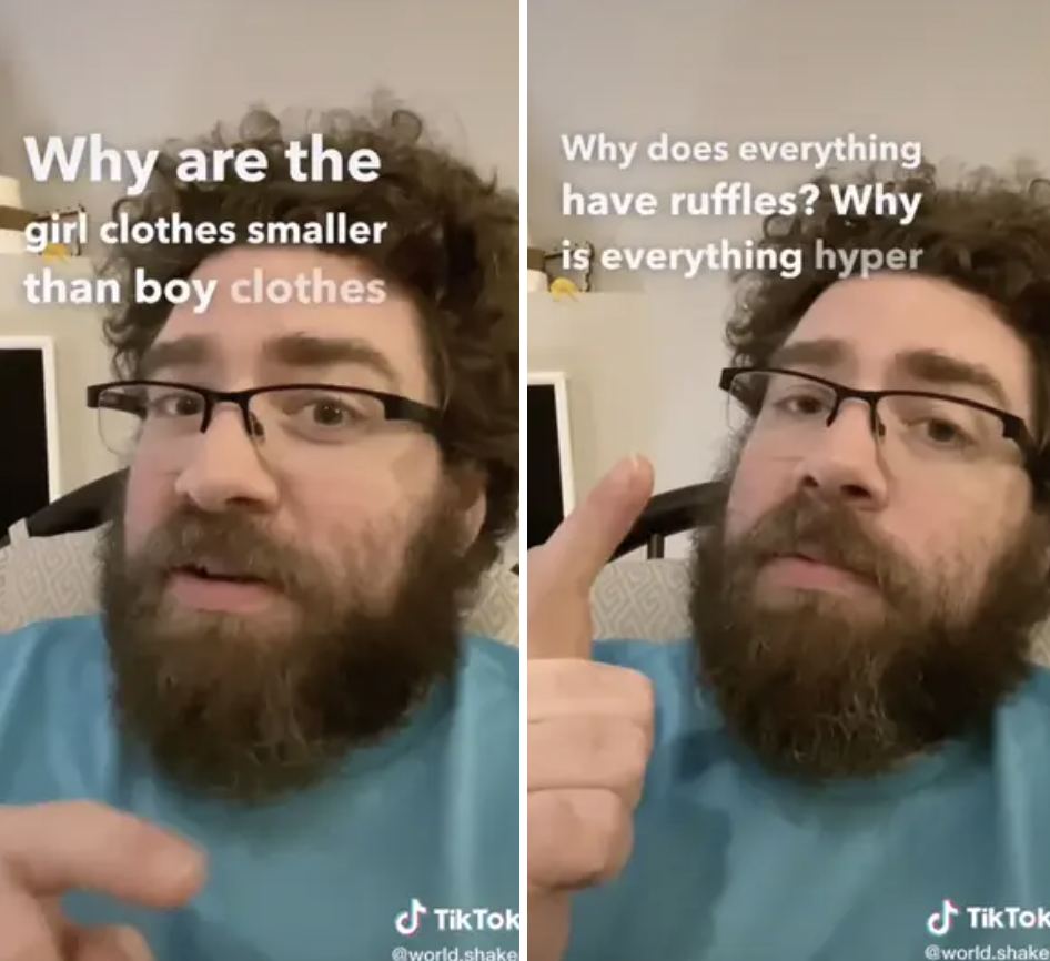 Man in blue shirt gesturing, with text discussing size and style differences in children's clothing