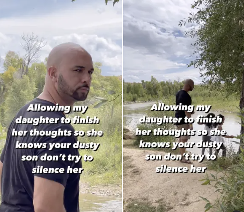 Two side-by-side photos of a man standing outdoors with text about valuing his daughter's voice