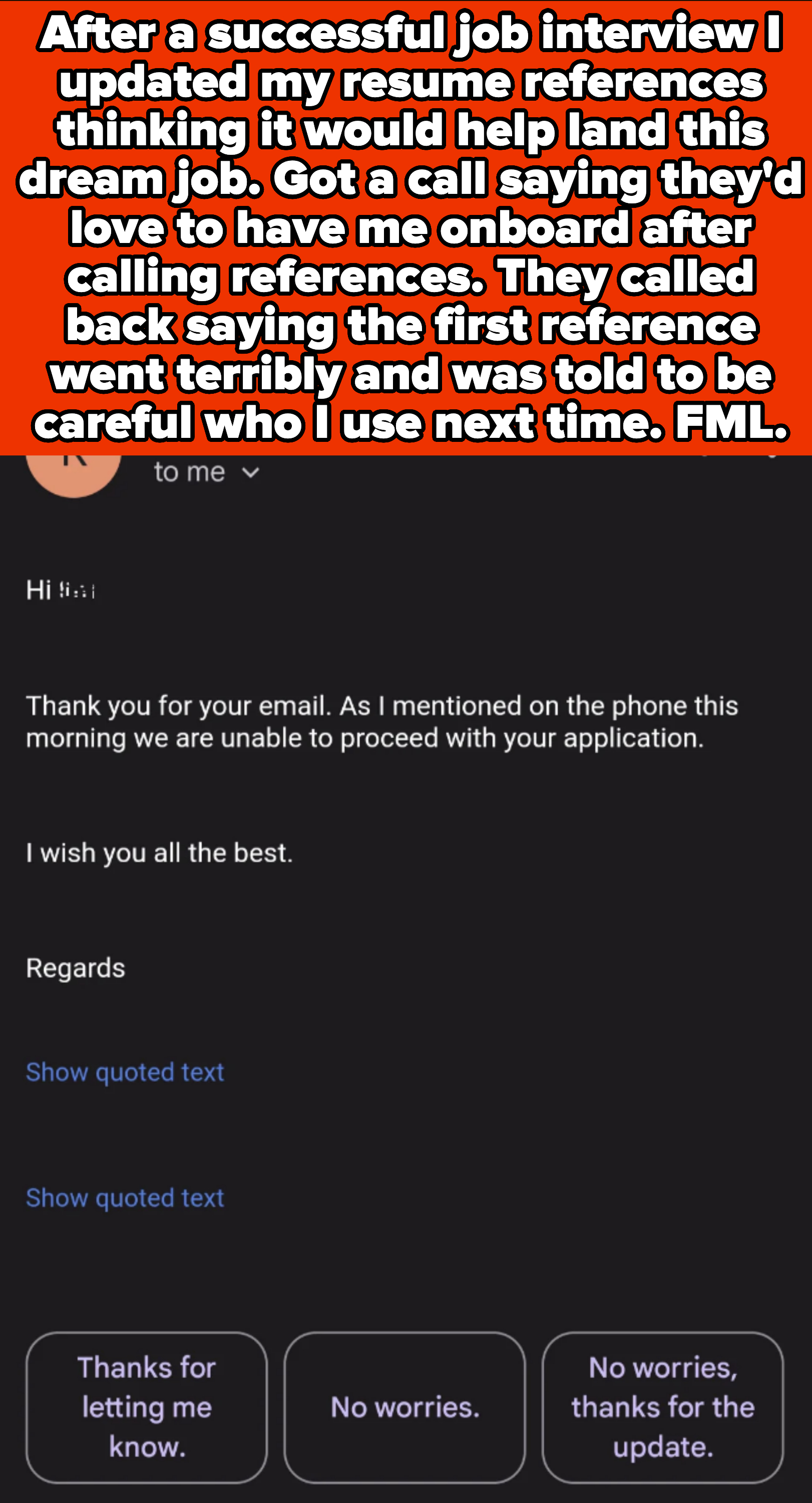Email exchange about a job application not proceeding due to inability to verify references