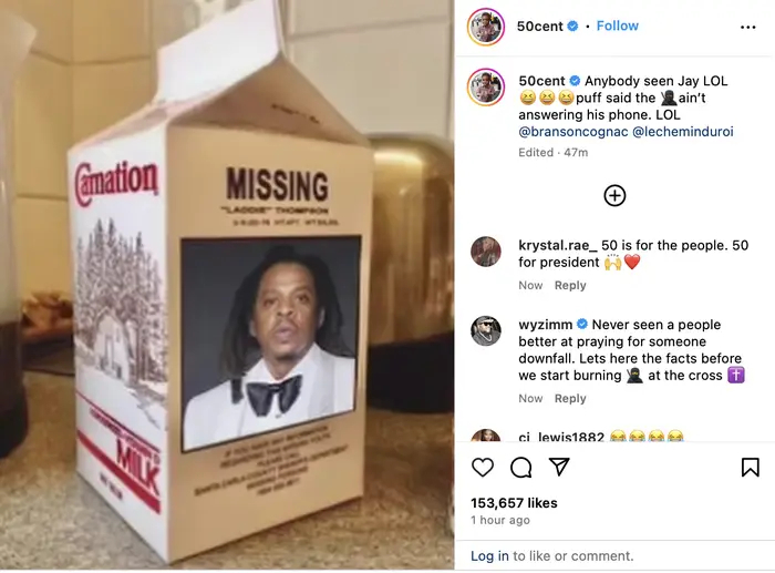 Jay-Z humorously depicted on a &quot;missing&quot; milk carton in a social media post by 50 Cent, suggesting he is out of sight
