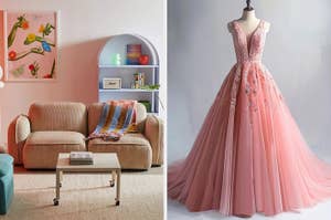 On the left, a living room with a sofa, coffee table, and art, and on the right, a mannequin displaying a beaded ball gown