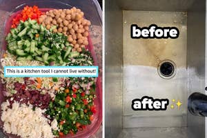 Split image; right shows a cleaned sink, left displays a container of chopped veggies and beans
