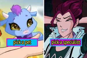 Animated characters from "Winx Club" with text "pick a pet" alongside a creature and "pick a specialist" with a male character