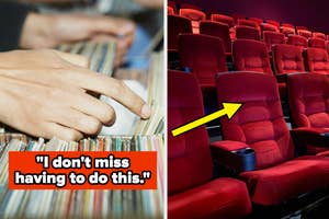 A person flipping through vinyl records juxtaposed with an empty red cinema seat with subtitle text: "I don't miss having to do this"