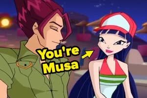 Animated characters, Riven with spiked hair and Musa with a hat, smiling with text "You're → Musa"