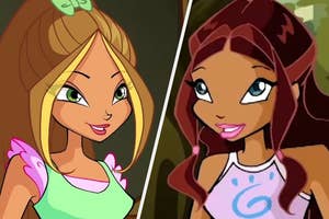 Flora and Aisha from Winx Club, both smiling