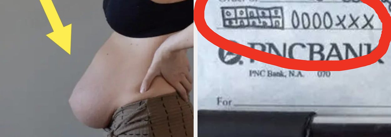 Pregnant person cradling belly beside text "Realistic belly four weeks after giving birth."