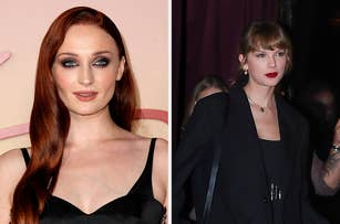 Sophie Turner in a v neck outfit vs Taylor Swift in a blazer with earrings