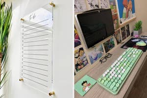 Clear acrylic wall-mounted organizer next to TV with large keyboard and desk accessories