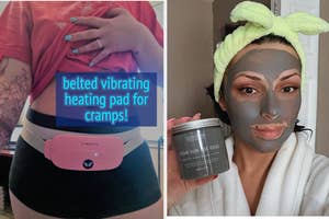 Reviewer demonstrates a heated vibrating belt for cramps and another reviewer showcases a jar of facial mask while wearing clay mask
