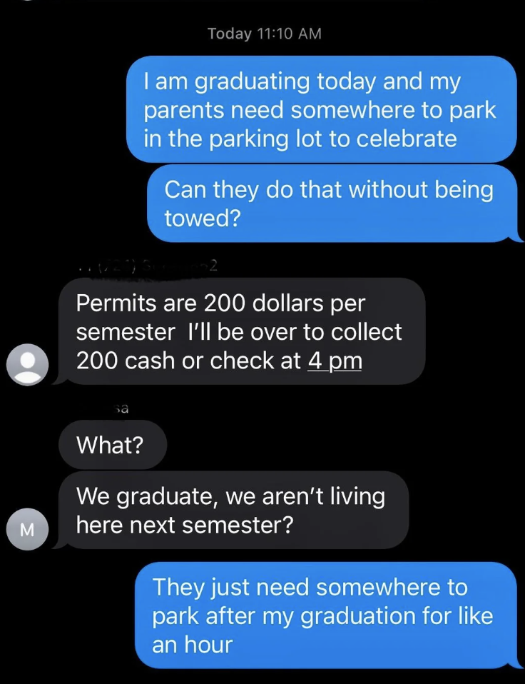 Text message exchange with a humorous misunderstanding about graduating and parking permits