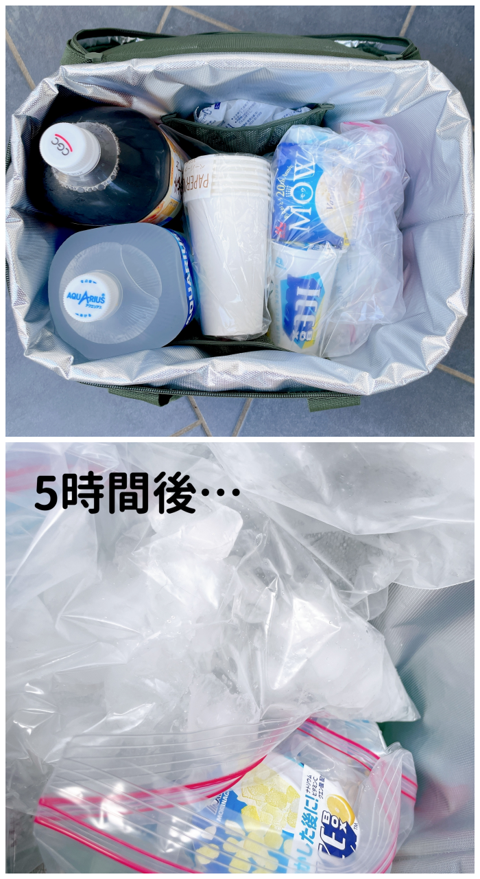 プラスチック製品が詰められたショッピングバッグ。下部に「5時間後…」のテキスト。