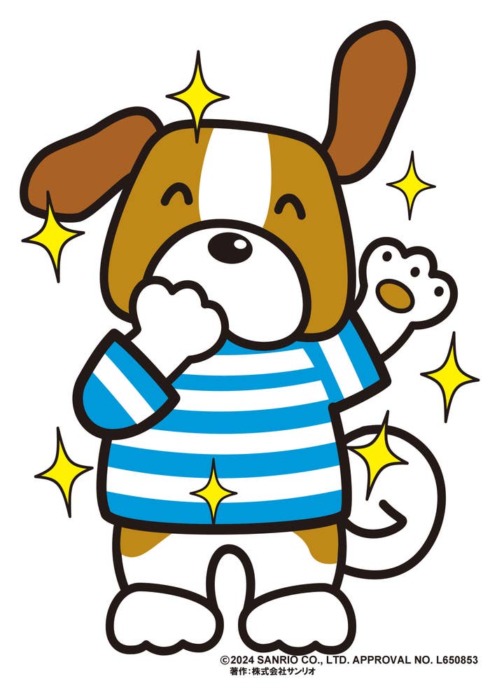 サンリオのキャラクター、ポチャッコが青白いストライプの服を着てポーズを取っているイラストです。