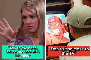 Person looking at a TV with a cartoon character, next to a photo of a woman gesturing with her hand, both have quotes