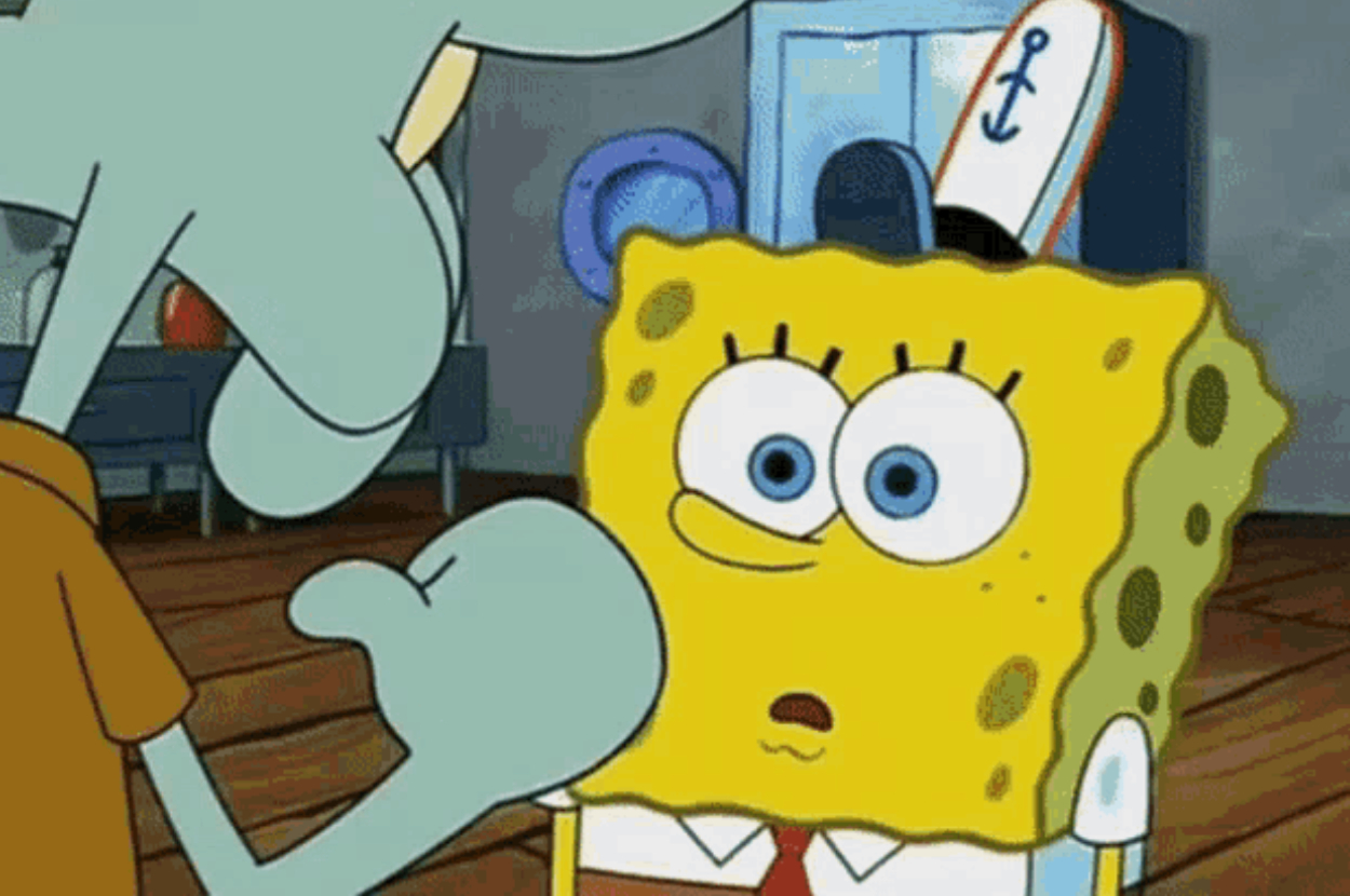Squidward talking to SpongeBob who looks surprised, a scene from SpongeBob SquarePants show
