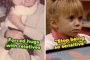 Two photos side by side; on the left, an elder man holding a child, on the right, a young girl looking upset, captioned "Forced physical contact with relatives" and "stop being so sensitive"