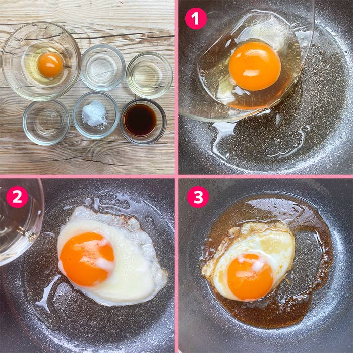 卵を使ったレシピの工程を示す4枚の画像です。