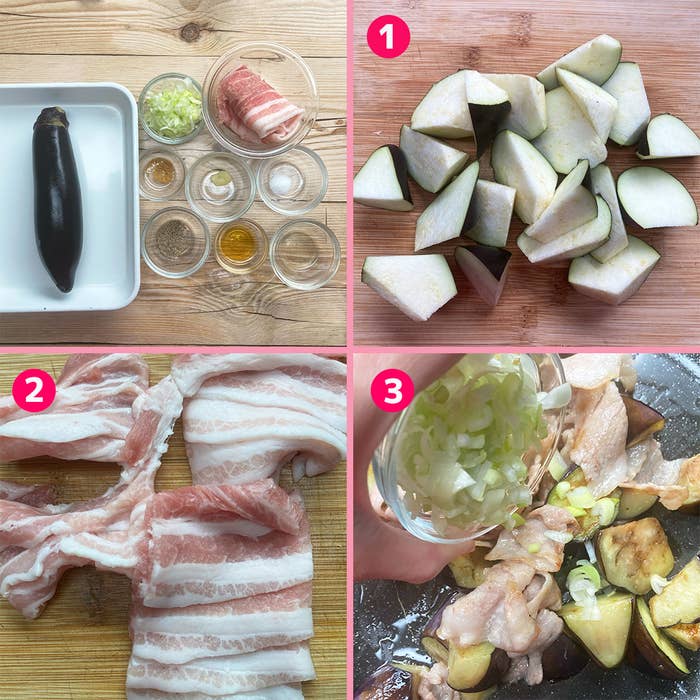 料理前の食材と調理過程を表示する4枚の画像。