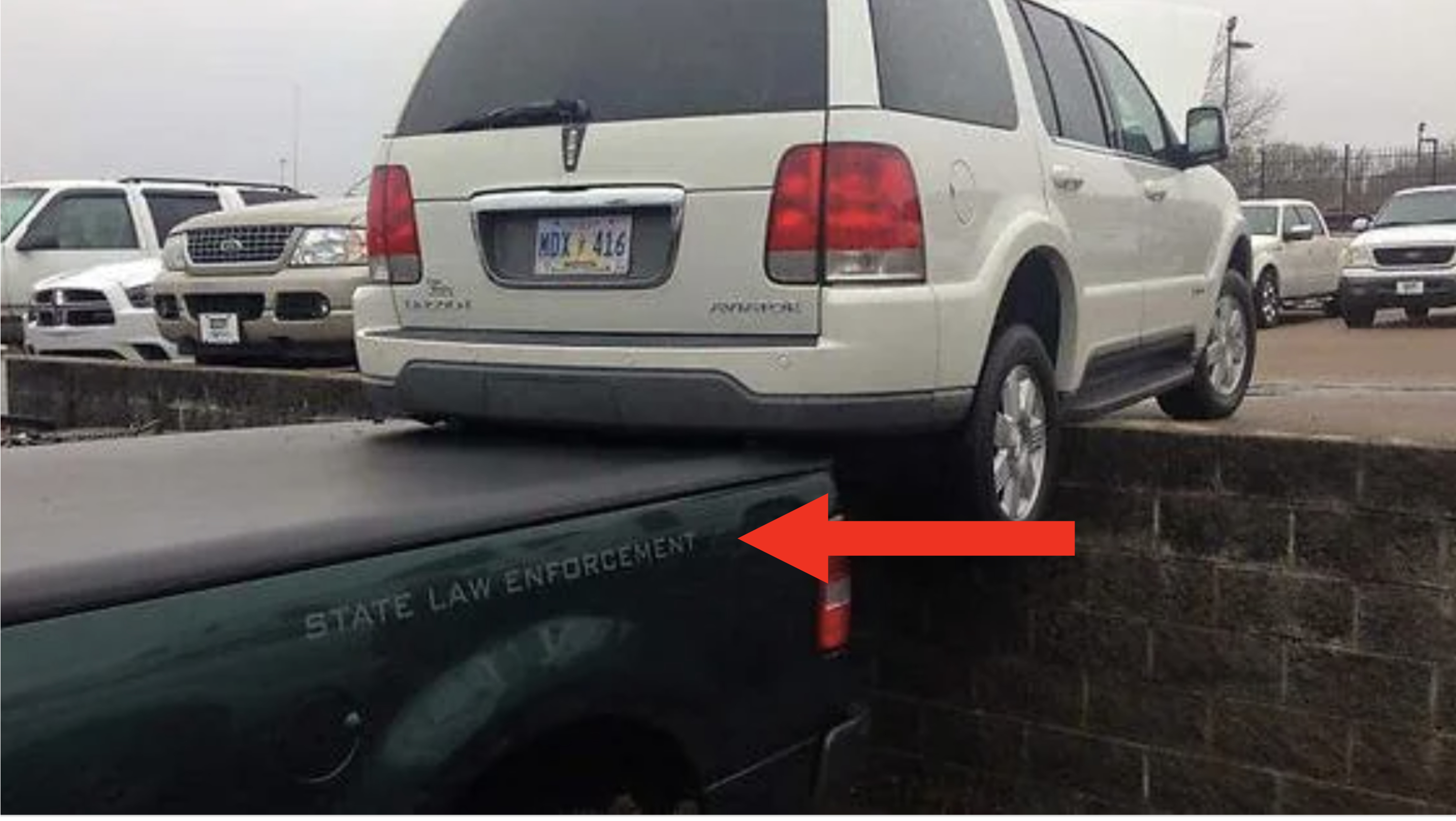 SUV parked on the hood of a law enforcement vehicle