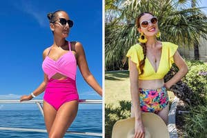 Two women posing in trendy summer outfits, one in a pink swimsuit, the other in colorful shorts and a yellow top