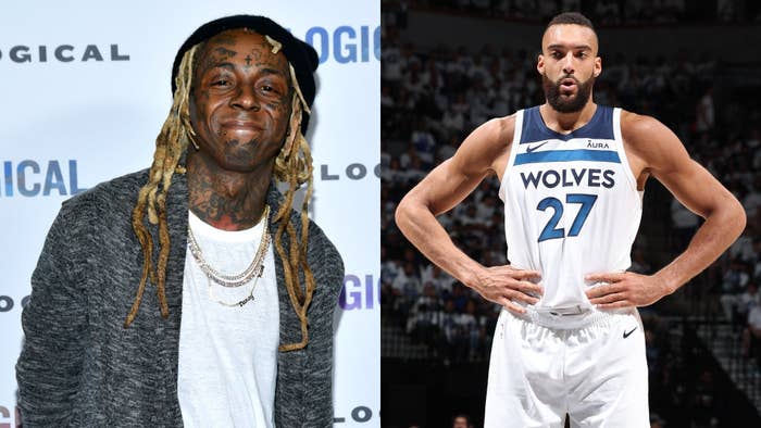 Lil Wayne in casual attire on the left; basketball player in Minnesota Timberwolves uniform on the right