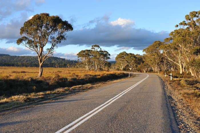 Open road through a rural landscape with fields and trees under a partly cloudy sky