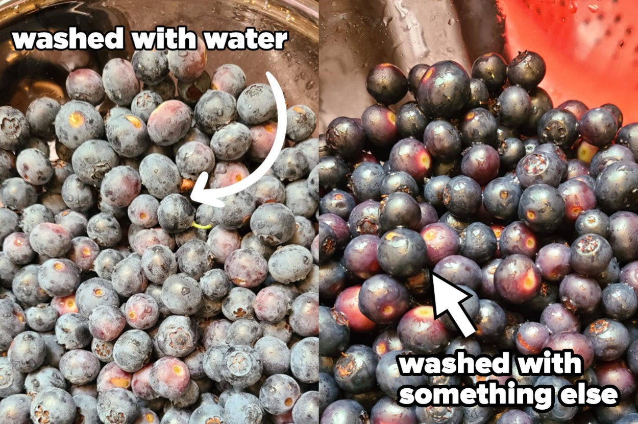 Two images side-by-side comparing blueberries washed with water and with another substance, showing a noticeable difference