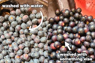 Two images side-by-side comparing blueberries washed with water and with another substance, showing a noticeable difference