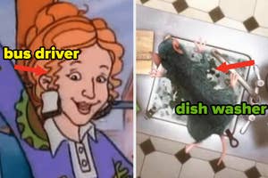 Illustration of a female bus driver next to a photo of a cat standing upright washing dishes