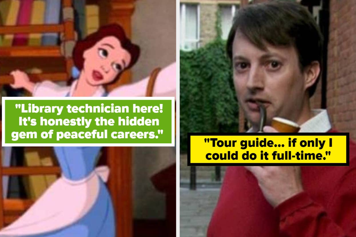 Split image: Left, Belle from Beauty and the Beast with a quote about library work; right, Jim from The Office with a quote on tour guiding