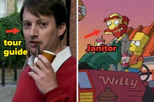 Split image: Left shows a man as a tour guide, right shows animated Willy from "The Simpsons" as a janitor