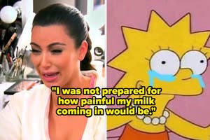 Kim Kardashian crying; Lisa Simpson crying with text about unexpected pain from breastfeeding