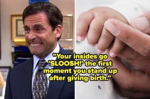 Michael Scott from "The Office" next to a quote about postpartum experience