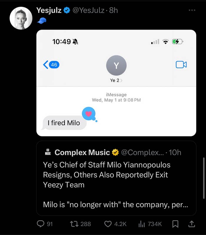 A screenshot depicts a text message stating &quot;I fired Milo&quot; with a response heart, and a tweet about Milo&#x27;s job termination