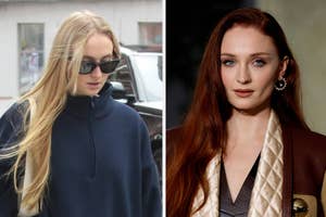 Two side-by-side photos of Sophie Turner, left in casual hooded sweatshirt and sunglasses, right in an elegant outfit